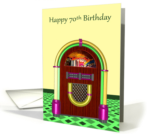 70th Birthday, age specific, colorful jukebox on yellow and green card