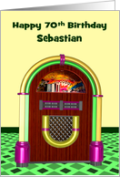 70th Birthday Custom Name with a Colorful Jukebox on Yellow and Green card