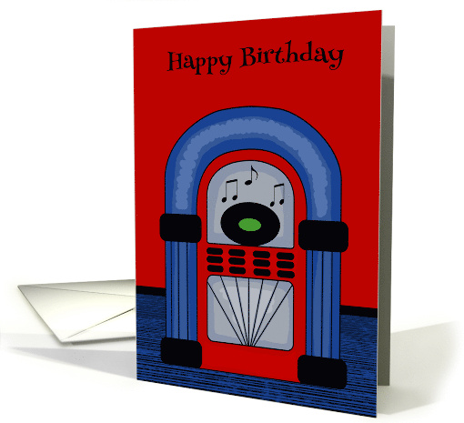 Birthday with a Jukebox and Musical Notes on Red and Blue card