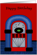 Birthday with a Jukebox and Musical Notes on Red and Blue card