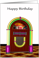 Birthday, general, colorful jukebox on white, black, gold, square card