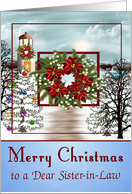 Christmas to Sister-in-Law, snowy lighthouse scene on blue, wreath card