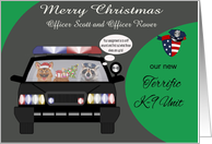 Christmas to New K-9 Unit, custom name, raccoon with german shepherd card