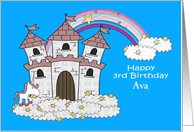 3rd Birthday Custom Name with a Castle and Unicorn Floating on Clouds card