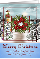 Christmas to Son and His Family with a Snowy Lighthouse Scene card
