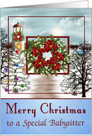 Christmas to Babysitter, snowy lighthouse scene with a wreath card