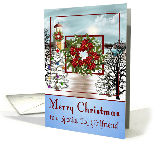 Christmas to Ex Girlfriend, snowy lighthouse scene with a wreath card