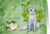 Birthday, general, beautiful mystical fox with wings on green, leaves card