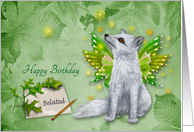 Birthday, Belated, a beautiful mystical fox with wings on green card