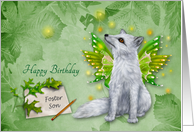 Birthday to Foster Son, a beautiful mystical fox with wings on green card