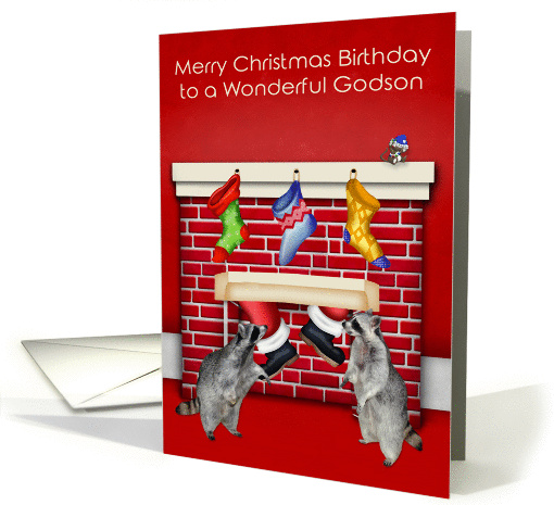 Birthday on Christmas to Godson, raccoons with Santa Claus, red card