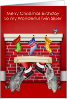 Birthday on Christmas to Twin Sister with Raccoons and Santa Claus card