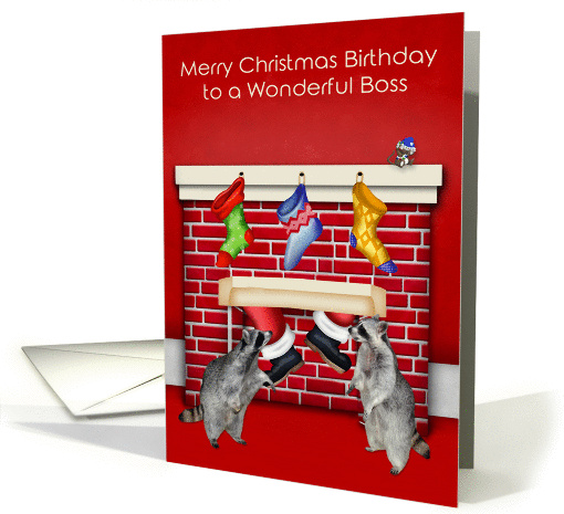 Birthday on Christmas to Boss, raccoons with Santa Claus on red card