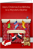 Birthday on Christmas Eve to Brother with Animals and Santa Claus card