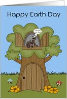 Earth Day, general, Raccoon sitting in tree house, flowers, mushrooms card