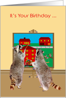 Birthday, general, adorable raccoons painting the town red on canvas card