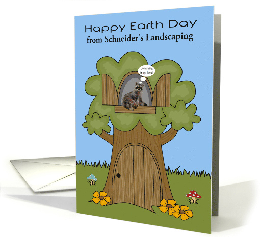 Earth Day Custom Name with a Raccoon Sitting in a Tree House card