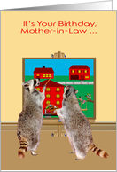 Birthday to Mother-in-Law, two adorable raccoons painting the town red card