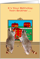 Birthday to Twin Brother, two adorable raccoons painting the town red card