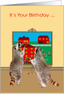 Birthday from All Of Us, two adorable raccoons painting the town red card