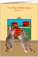 Birthday to Son, two adorable raccoons painting the town red, canvas card