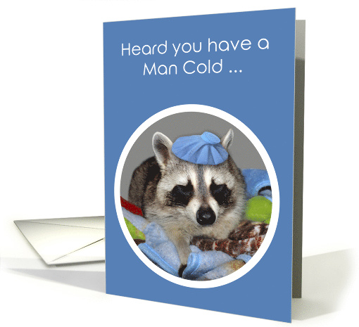 Get Well, Man Cold, general, humor, sick raccoon wearing ice bag card