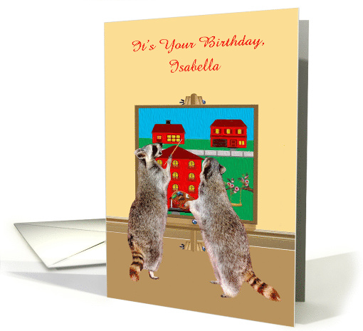Birthday, custom name, two adorable raccoons painting the... (1407516)