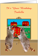 Birthday, custom name, two adorable raccoons painting the town red card