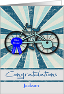 Congratulations on 1st Place, Bike Rodeo, custom name, blue starburst card