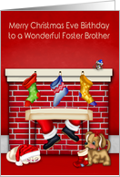 Birthday on Christmas Eve to Foster Brother, animals with Santa Claus card