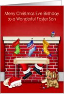 Birthday on Christmas Eve to Foster Son, animals with Santa Claus card