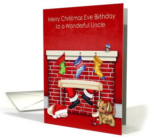 Birthday on Christmas Eve to Uncle, Cute animals with Santa Claus card