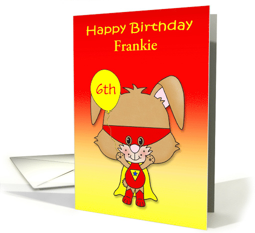 Birthday, custom name and age, super bunny with a mask, balloon card