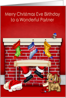 Birthday on Christmas Eve to Partner, animals with Santa Claus card