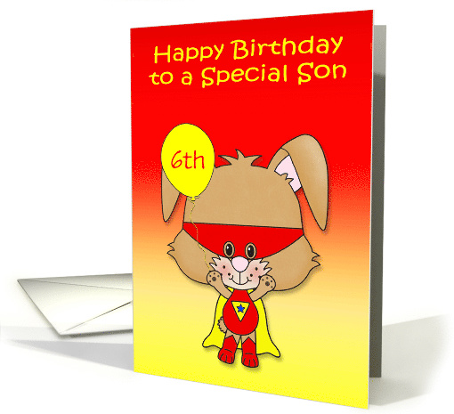 Birthday to Son, custom age, super bunny with a mask and balloon card