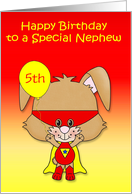 Birthday to Nephew, custom age, super bunny with a mask and balloon card