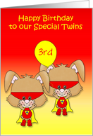 Birthday to Our Twins Custom Age Card with a Super Bunny with a Mask card