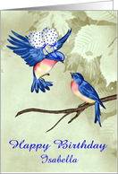 Birthday, custom name, Two beautiful birds with polka dot balloons card