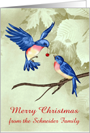 Christmas, from custom name, two beautiful blue birds, red ornament card