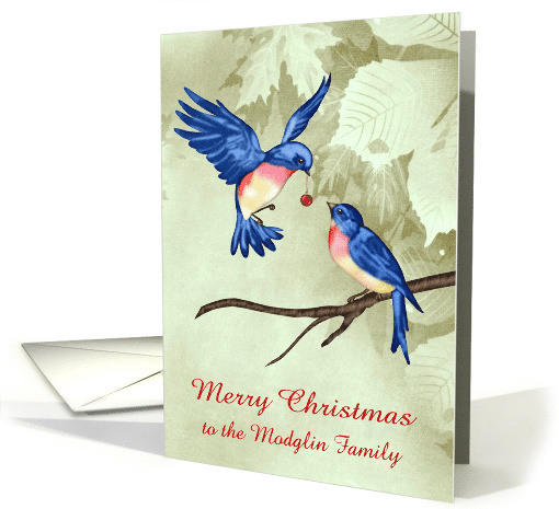 Christmas, to custom name, two beautiful blue birds, red ornament card
