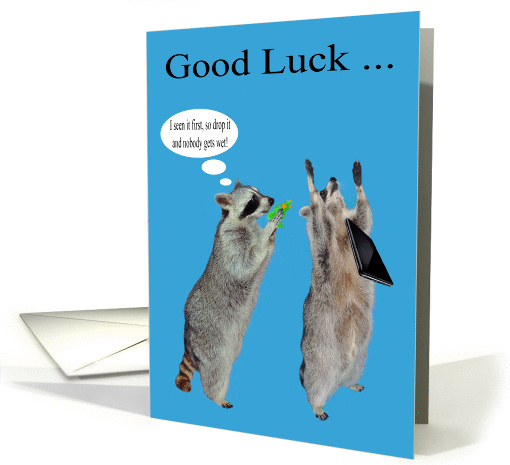 Good Luck, Black Friday Shopping, Raccoon holding a water gun card