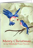 Christmas to Foster Parents, two beautiful blue birds, red ornament card