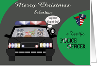Christmas to Police Officer, custom name, cute raccoons in police car card
