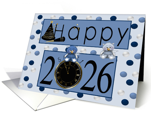 New Year's 2026 Card with Adorable Owls on Blue Polka Dots card