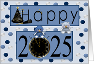 New Year’s 2025 Card with Adorable Owls on Blue Polka Dots card