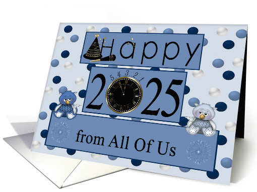 New Year's from All Of Us 2025 Card with Owls on Blue Polka Dots card