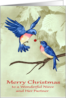 Christmas to Niece and Partner, two beautiful blue birds, red ornament card
