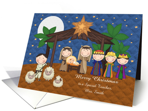 Christmas to Teacher Custom Name Nativity Scene and Baby Jesus card