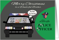 Christmas to Brother, adorable raccoons in a police car, Santa bag card