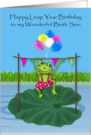 Leap Year Birthday to Birth Son, frog leaping over a wooden bar card